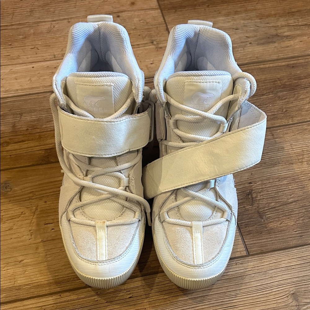 All-White Sorel High Top Sneakers with Velcro Strap